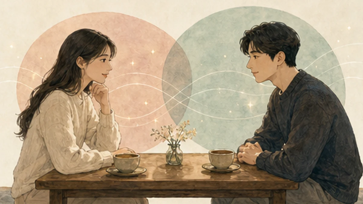두 사람이 찻잔을 사이에 두고 마주 앉아 관계 흐름을 이야기하는 일러스트