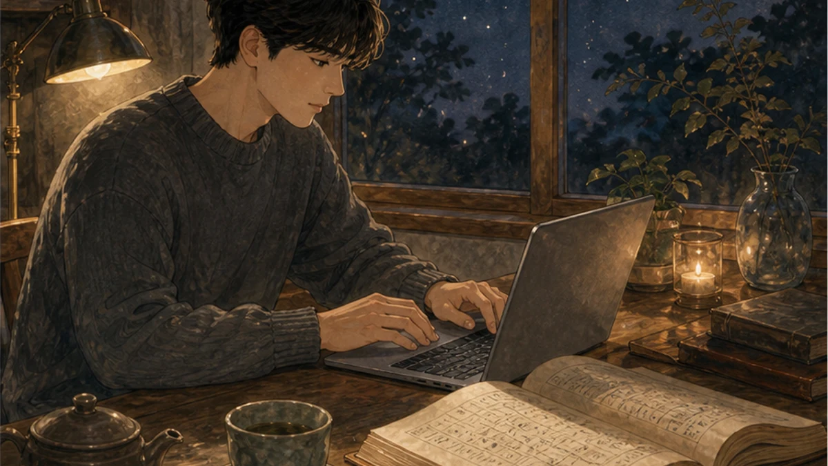 밤 창가 책상에서 만세력 사이트와 전통 만세력 책을 함께 확인하는 일러스트